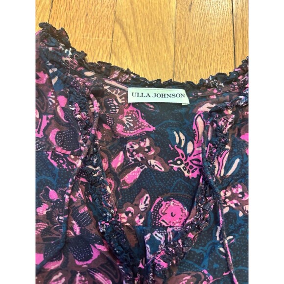 Ulla Johnson Rana Blouse Midnight Floral Ruffle Sleeve V Neck Tassel Size 4 Pink - Picture 6 of 8